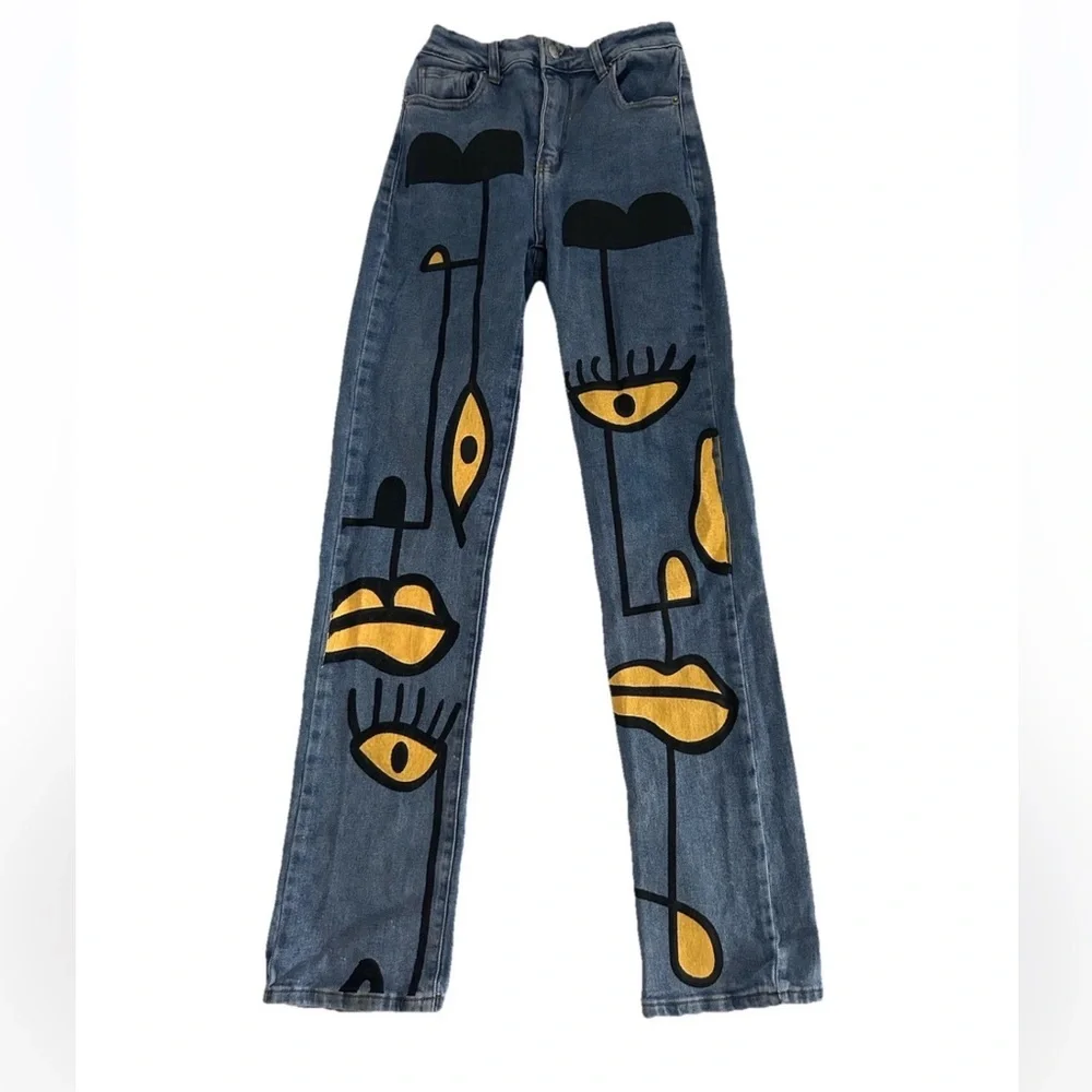 Akira | High Waist Eyes On Me Graphic Jeans Size 25 Blue Denim Straight Leg